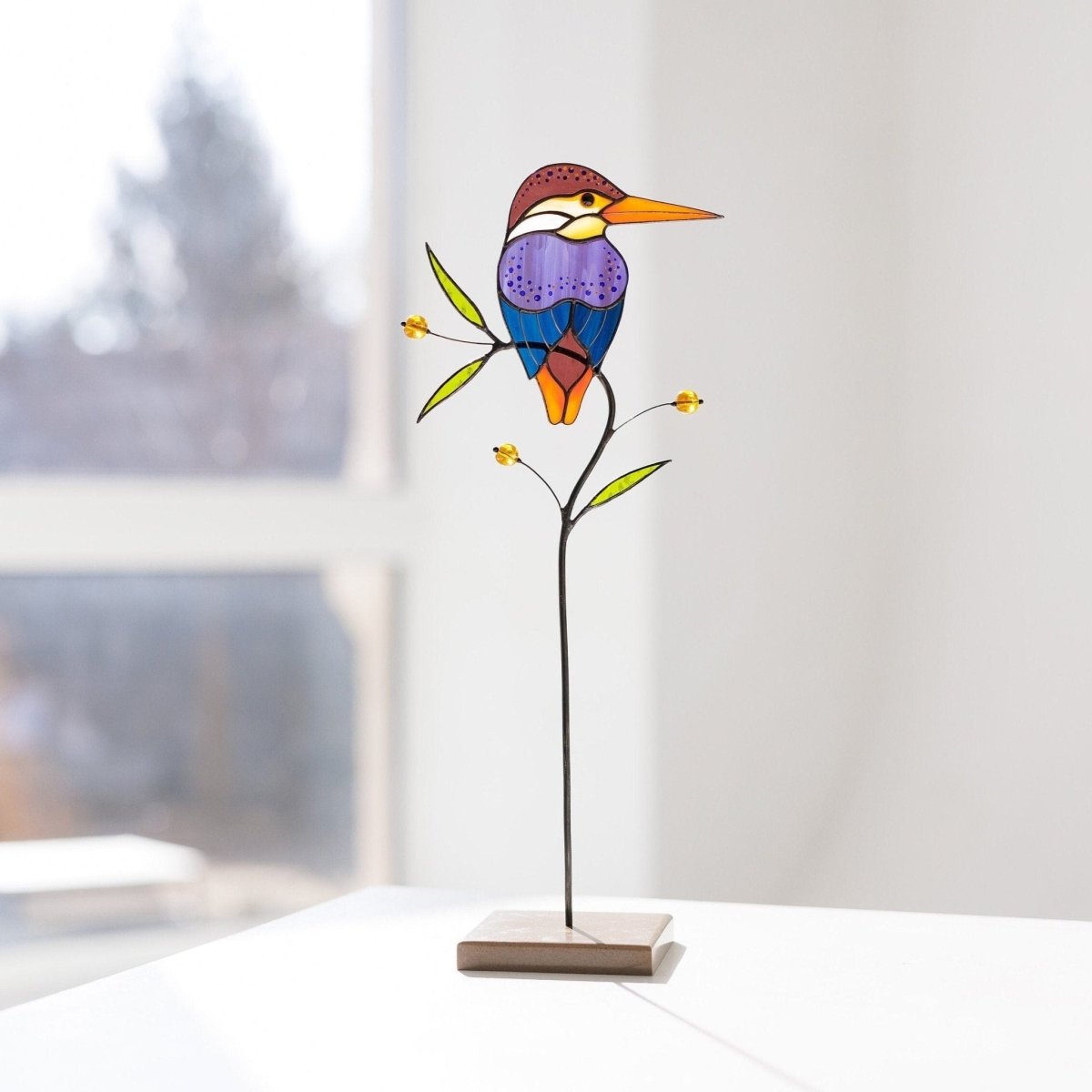 Stained glass Kingfisher bird on a stone stand - Unique Gift for