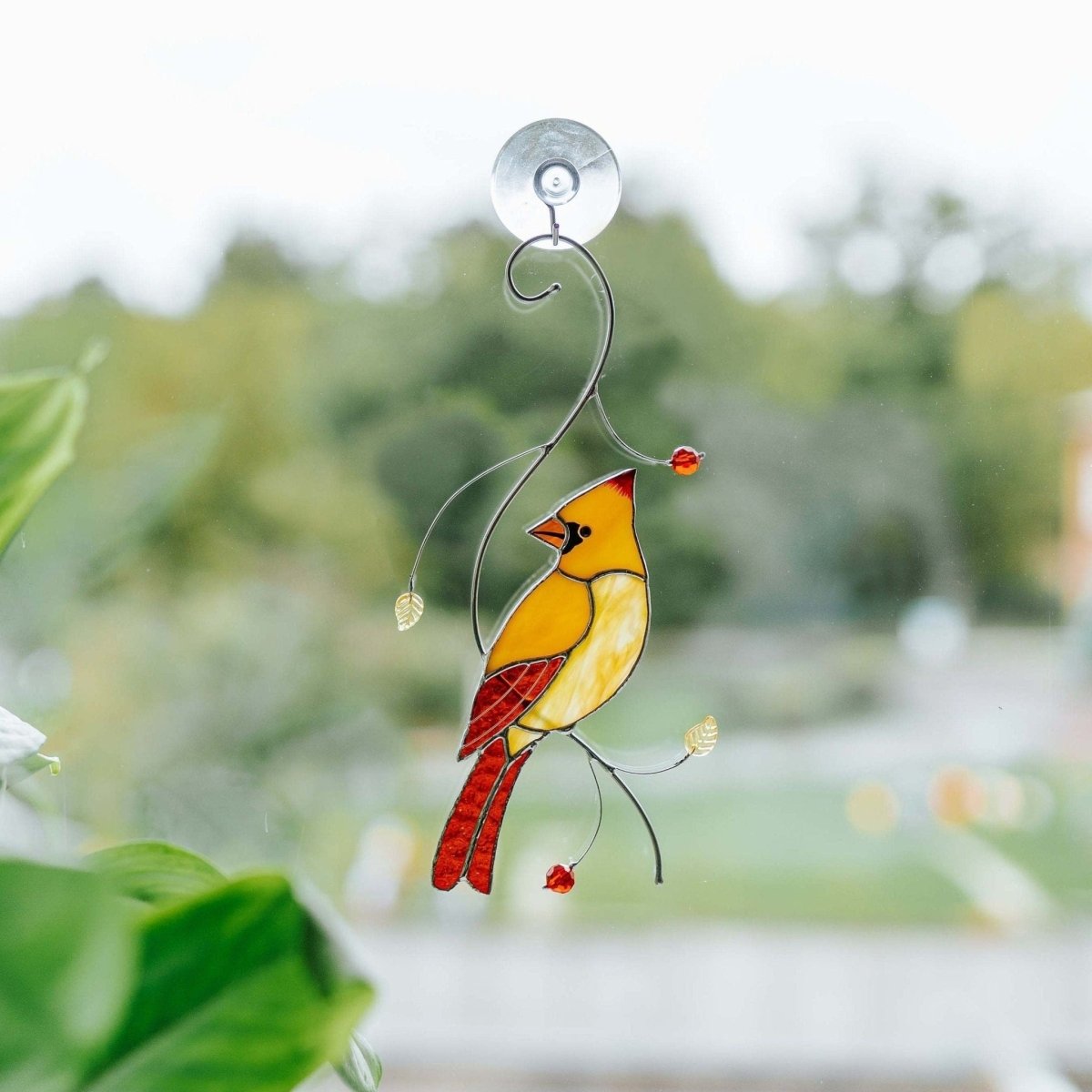 Female red cardinal stained glass suncatcher nature inspired decor